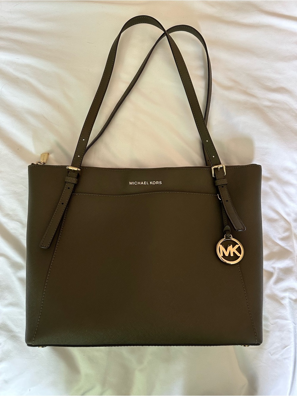 Michael Kors Olive Saffiano Tote with Gold MK Charm